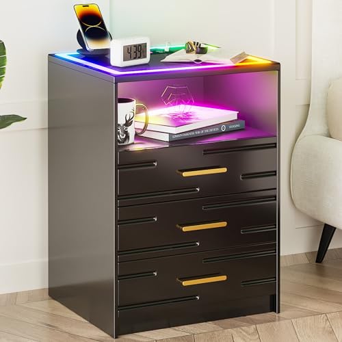 Lvifur LED Nachttisch mit 24 Farben RGB Lichter,Hochglanz Nachtschrank mit kabellose Ladestation,Nachttische mit 3 schubladen & USB/Type-C Aufladung von Lvifur