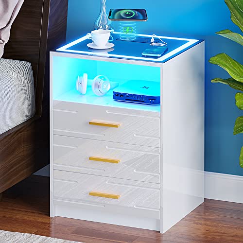 Lvifur LED Nachttisch mit kabellose Ladestation,Hochglanz Nachtschrank mit Touch-Screen,Nachtkommode mit 3 Schubladen und USB/Type-C Aufladung für Wohnzimmer von Lvifur