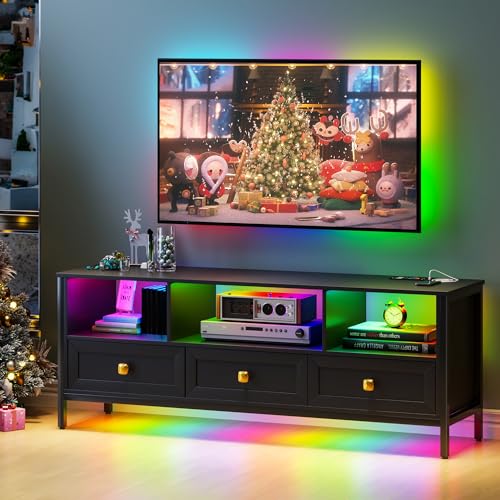 Lvifur LED TV Schrank für 70 Zoll Fernseher, 150 cm 24 Farbe Dimmbar Licht Fernsehschrank mit Ladestation, 3 Schubladen, Automatischer Sensor Beleuchtung TV Sideboard Möbel Wohnzimmer Schwarz von Lvifur