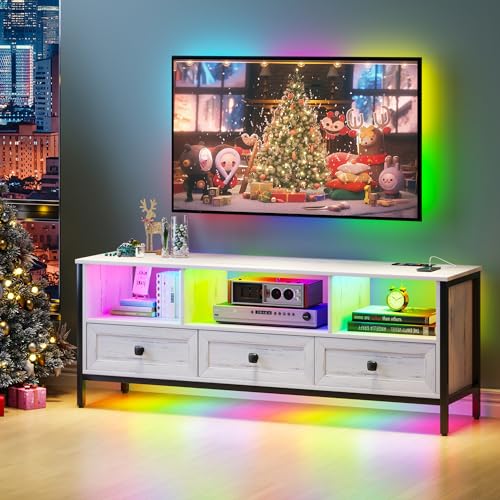 Lvifur LED TV Cabinet für 70 Zoll Fernseher, 24 Dimmbar TV Schrank mit Ladestation, Fernsehschrank mit 3 Schubladen Automatischer Sensorbeleuchtung Möbel Wohnzimmer 150 × 40 × 56 cm von Lvifur