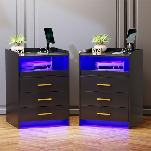 Lvifur Led 2er Set Nachttisch mit Ladefunktion,Smart Nachtschrank mit 24 Farben Dimmbar, Sideboard mit 3 Schubladen USB Type-C Automatischer Sensor Schlafzimmer Schwarz von Lvifur