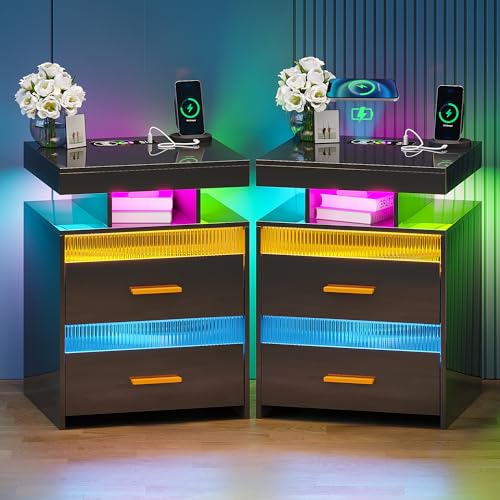 Lvifur Led Nachttisch 2er Set mit 24 Farbe RGB Licht,Smart Nachttisch mit USB Ladefunktion & Kabelloses Laden,Nachttisch Schwarz Hochglanz mit 2 Schublade von Lvifur