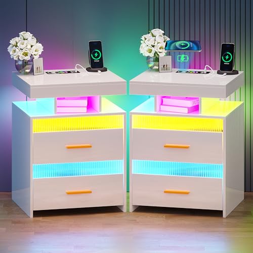 Lvifur Led Nachttisch 2er Set mit 24 Farbe RGB Licht,Smart Nachttisch mit USB Ladefunktion & Kabelloses Laden,Nachttisch Weiß Hochglanz mit 2 Schublade von Lvifur