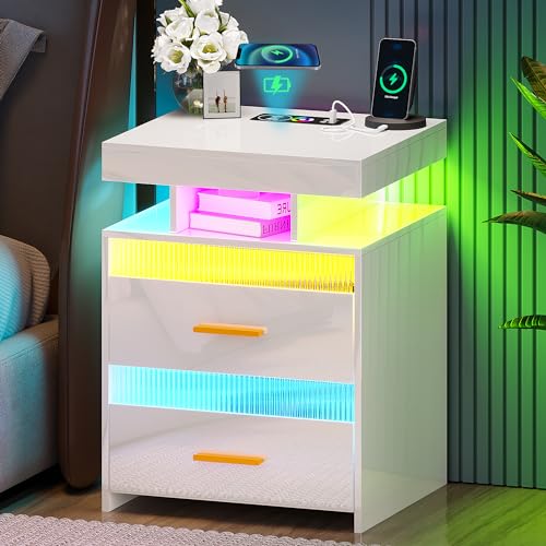 Lvifur Led Nachttisch mit 24 Farbe RGB Licht,Smart Nachttisch mit USB Ladefunktion & Kabelloses Laden,Nachttisch Weiß Hochglanz mit 2 Schublade von Lvifur