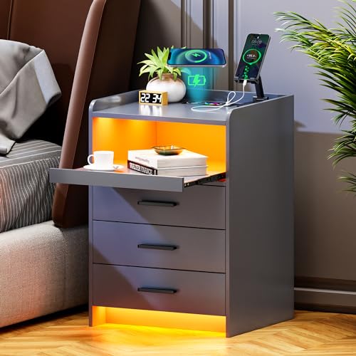 Lvifur Led Nachttisch mit Ladefunktion,Smart Nachtschrank mit 24 Farben Dimmbar, Sideboard mit 3 Schubladen USB Type-C Automatischer Sensor Schlafzimmer Grau von Lvifur