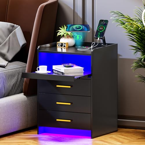 Lvifur Led Nachttisch mit Ladefunktion,Smart Nachtschrank mit 24 Farben Dimmbar Licht, Sideboard mit 3 Schubladen USB Type-C Automatischer Sensor Schlafzimmer Schwarz von Lvifur