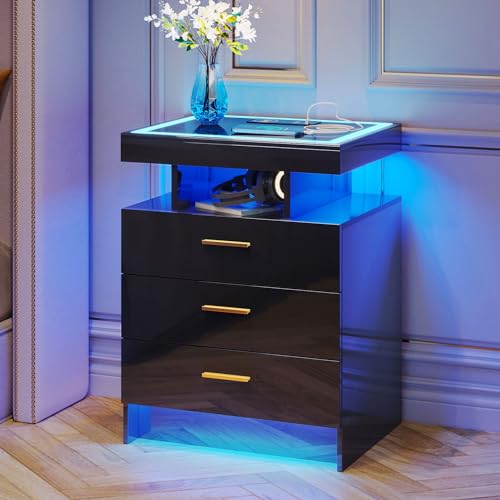 Lvifur Led Nachttisch mit Ladefunktion, Smart Nachtschrank mit 3 Licht Dimmbar, Hochglanz Sideboard mit 3 Schubladen USB Type-C Automatischer Sensor Schlafzimmer Schwarz Lvifur Led Nachttisch mit Ladefunktion, Smart Nachtschrank mit 3 Licht Dimmbar, Hochglanz Sideboard mit 3 Schubladen USB Type-C Automatischer Sensor Schlafzimmer Schwarz von Lvifur