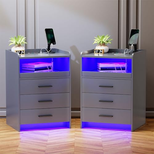 Lvifur Nachtschrank 2er Set mit Beleuchtung, Led Nachttisch mit Ladefunktion, 24 Farben Dimmbar, Sideboard mit 3 Schubladen USB Type-C Automatischer Sensor Schlafzimmer Grau Lvifur Nachtschrank 2er Set mit Beleuchtung, Led Nachttisch mit Ladefunktion, 24 Farben Dimmbar, Sideboard mit 3 Schubladen USB Type-C Automatischer Sensor Schlafzimmer Grau von Lvifur