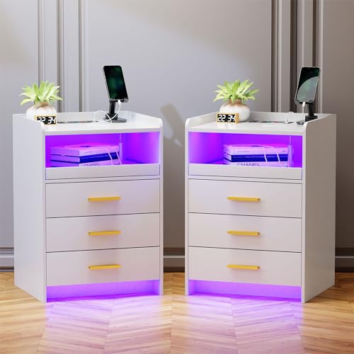 Lvifur Nachtschrank 2er Set mit Beleuchtung Ladefunktion,Smart Led Nachttisch mit 24 Farben Dimmbar, Sideboard mit 3 Schubladen USB Type-C Automatischer Sensor Schlafzimmer Weiß von Lvifur