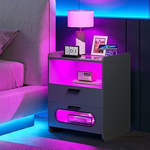 Lvifur Nachttisch RGB Led Licht,Nachttische mit 2 Schublade,Smart Nachttisch Menschliche Sensorfunktion,Nachtschrank 20 Farblicht dimmbar mit Kabelloses Laden,Hochglanz Nachtkommode mit USB Laden von Lvifur