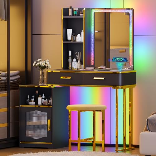 Lvifur RGB Schminktisch mit Kabelloses Laden,Siebenfarbig dimmbar Schminktische mit Ablagefächern und Samthocker,Schminktischset mit USB Type-C Anschluss Geeignet für Wohnzimmer Schlafzimmer von Lvifur