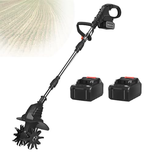 Akku-Gartenfräse, 21 V, Akku-Gartenfräse, 20 cm Breite, 25 cm Tiefe, 270 U/min, Hochgeschwindigkeits-Gartenfräse für Rasen und Erde,Black-FourBlades-2batteries von LwiftGal
