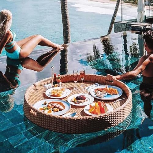 Schwimmendes Tablett,rundes Serviertablett aus gewebtem Rattan,luxuriöses schwimmendes Serviertablett für Tisch und Bar,Schwimmbecken-Schwimmkörper mit Griffen zum Servieren,Apricot-80cm von LwiftGal