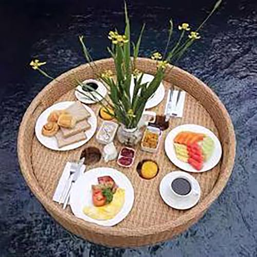 Schwimmendes Tablett für den Pool, rundes handgefertigtes Tablett aus gewebtem Rattan, mit Griffen zum Servieren von Getränken am Pool, Brunch, Essen auf dem Wasser,Apricot-80cm von LwiftGal
