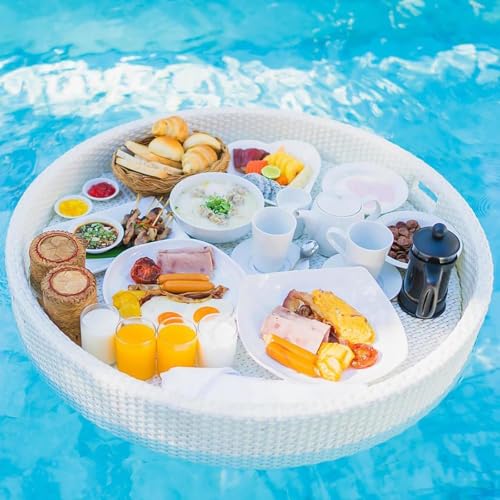 Schwimmendes Tablett für den Swimmingpool, extra große, schwimmende Deluxe-Poolbar, schwimmendes Tablett für den Pool, aus Rattan gewebte Essenstabletts zum Servieren von Partys,White-60cm von LwiftGal