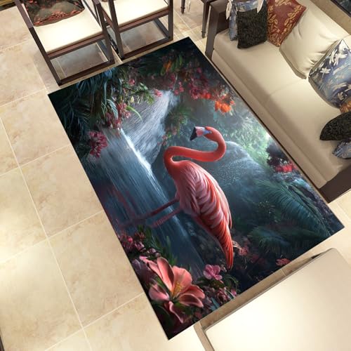 Lwznbio 3D Flamingo Wohnzimmerteppich 200x280 cm Felsen Wasserfall Teppich Kurzflor, Weich rutschfest Waschbare Teppiche Tropische Jungle Eingangsteppich Fußmatte Schlafzimmer Kinderzimmer von Lwznbio