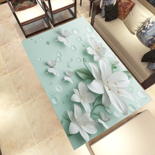 Lwznbio 3D Lilie Wohnzimmerteppich 200x280 cm Schmetterling Blumen Teppich Kurzflor, Weich rutschfest Waschbare Teppiche Blumenmuster Eingangsteppich Fußmatte Schlafzimmer Kinderzimmer von Lwznbio