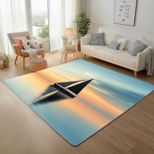 Lwznbio 3D Segelboot Muster Wohnzimmerteppich 200x280 cm Meerblick Landschaft Teppich Kurzflor, Weich rutschfest Waschbare Teppiche Meeresspiegel Eingangsteppich Fußmatte Schlafzimmer Kinderzimmer von Lwznbio