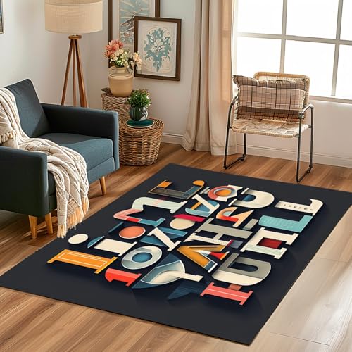 Lwznbio Alphabet Muster Wohnzimmerteppich 200x280 cm Abstrakt Kunst Teppich Kurzflor, Weich rutschfest Waschbare Teppiche 3D Drucken Eingangsteppich Fußmatte Schlafzimmer Kinderzimmer von Lwznbio