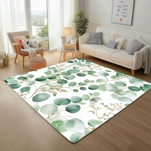 Lwznbio Aquarell Blatt Wohnzimmerteppich 200x280 cm Eukalyptus-Blatt Teppich Kurzflor, Weich rutschfest Waschbare Teppiche Natürliche Pflanze Eingangsteppich Fußmatte Schlafzimmer Kinderzimmer von Lwznbio