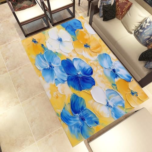 Lwznbio Blau Malerei Blumen Wohnzimmerteppich 200x280 cm Blumenmuster Teppich Kurzflor, Weich rutschfest Waschbare Teppiche Frühlingsblumen Eingangsteppich Fußmatte Schlafzimmer Kinderzimmer von Lwznbio