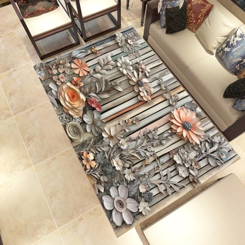 Lwznbio Blumen Pflanze Teppich Läufer Für Flur 60x120 cm Vintage Ländlich Waschbar mit Antirutsch Gummirücken, Kurzflor Schlafzimmer Teppich Blumenmuster Für Eingang Büro Badezimmer von Lwznbio
