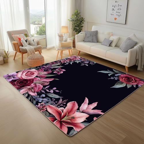 Lwznbio Blumenfeld Wohnzimmerteppich 200x280 cm Blumenmuster Teppich Kurzflor, Weich rutschfest Waschbare Teppiche Vintage Blumen Eingangsteppich Fußmatte Schlafzimmer Kinderzimmer von Lwznbio