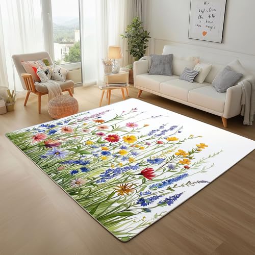 Lwznbio Blumenmuster Wohnzimmerteppich 200x280 cm Ländlich Pastoralstil Teppich Kurzflor, Weich rutschfest Waschbare Teppiche Natürliche Pflanze Eingangsteppich Fußmatte Schlafzimmer Kinderzimmer von Lwznbio