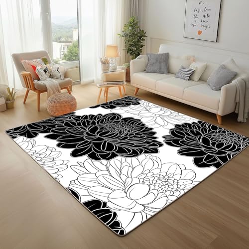 Lwznbio Chrysantheme Wohnzimmerteppich 200x280 cm Schwarz Weiß Blumen Teppich Kurzflor, Weich rutschfest Waschbare Teppiche Handgezeichnet Eingangsteppich Fußmatte Schlafzimmer Kinderzimmer von Lwznbio