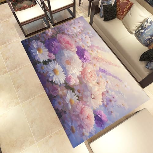 Lwznbio Farbe Blumen Waschbar Wohnzimmerteppich 240x340 cm Frühlingsblumen Teppich mit Rutschhemmender Gummirückseite 3D Blumenfeld Weich Kurzflor Schlafzimmer Carpet Für Esszimmer Büro von Lwznbio