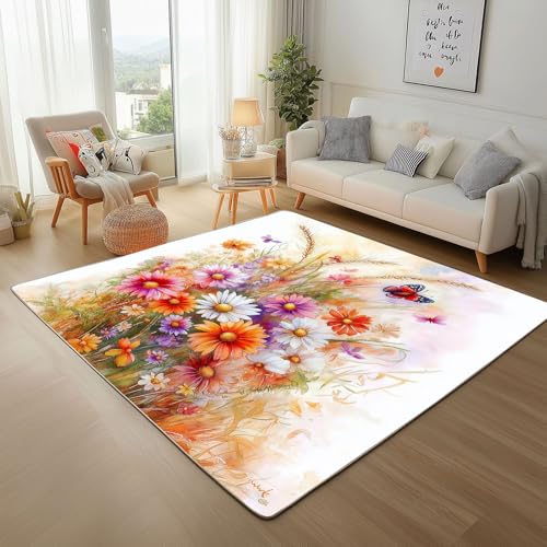 Lwznbio Gänseblümchen Wohnzimmerteppich 200x280 cm Farbe Blumen Teppich Kurzflor, Weich rutschfest Waschbare Teppiche Blumenmuster Eingangsteppich Fußmatte Schlafzimmer Kinderzimmer von Lwznbio