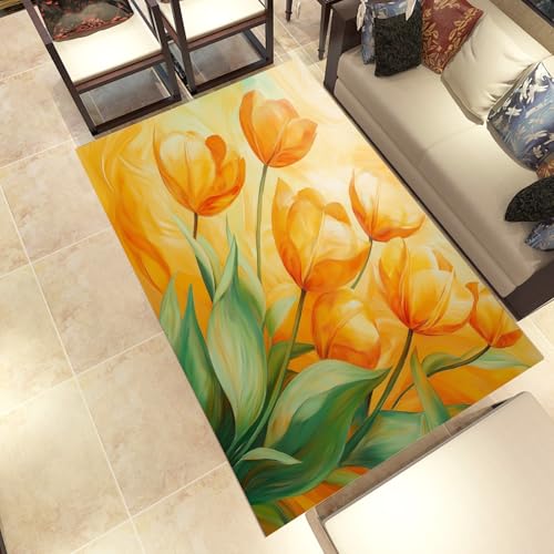 Lwznbio Gelb Tulpe Teppich Wohnzimmer 200x290 cm Blumen Pflanze Carpet Kurzflor Blumenmuster Weich rutschfest Waschbare Teppiche, Für Bettvorleger Schlafzimmer Kinderzimmer von Lwznbio