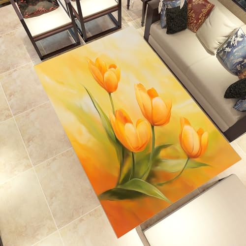 Lwznbio Gelb Tulpe Wohnzimmerteppich 200x280 cm Blumen Pflanze Teppich Kurzflor, Weich rutschfest Waschbare Teppiche Blumenmuster Eingangsteppich Fußmatte Schlafzimmer Kinderzimmer von Lwznbio