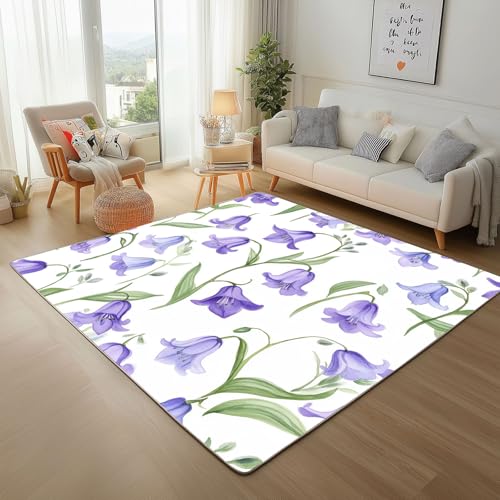 Lwznbio Glockenblume Wohnzimmerteppich 200x280 cm Lila Blumen Teppich Kurzflor, Weich rutschfest Waschbare Teppiche Blumenmuster Eingangsteppich Fußmatte Schlafzimmer Kinderzimmer von Lwznbio