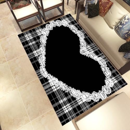 Lwznbio Herzen Muster Wohnzimmerteppich 200x280 cm Spitze Dekor Teppich Kurzflor, Weich rutschfest Waschbare Teppiche Buffalo Check Eingangsteppich Fußmatte Schlafzimmer Kinderzimmer von Lwznbio