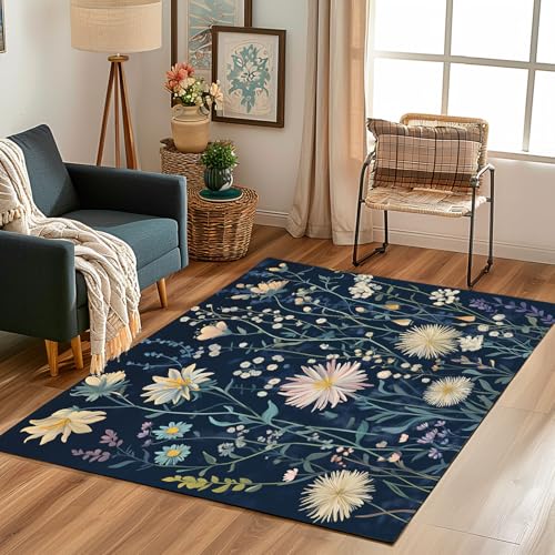 Lwznbio Ländlich Pastoralstil Wohnzimmerteppich 200x280 cm Blumen Pflanze Teppich Kurzflor, Weich rutschfest Waschbare Teppiche Blumenmuster Eingangsteppich Fußmatte Schlafzimmer Kinderzimmer von Lwznbio