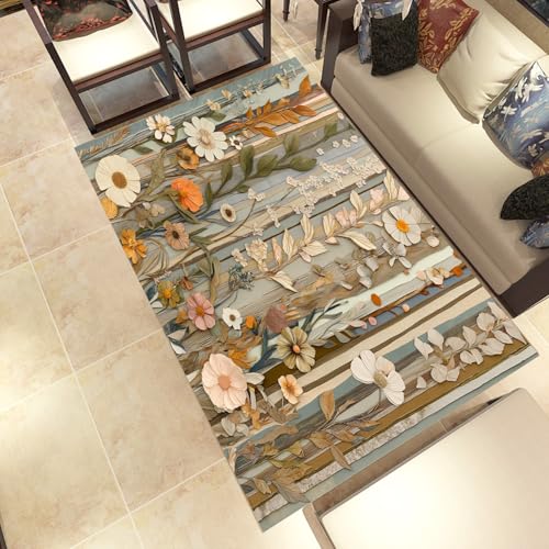 Lwznbio Ländlich Pastoralstil Wohnzimmerteppich 200x280 cm Natürliche Pflanze Teppich Kurzflor, Weich rutschfest Waschbare Teppiche Blumenmuster Eingangsteppich Fußmatte Schlafzimmer Kinderzimmer von Lwznbio