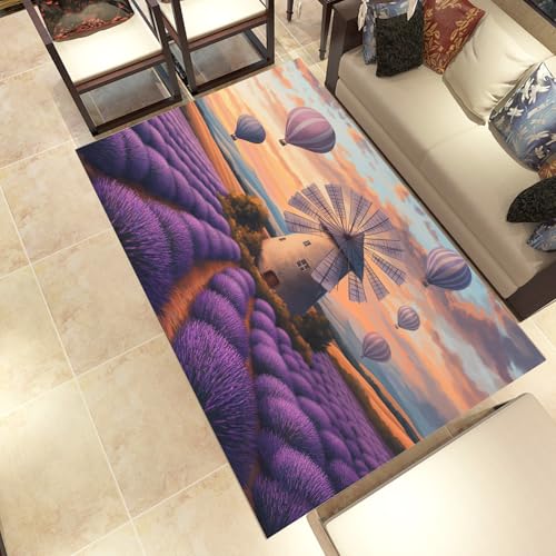 Lwznbio Lavendel Pastoralstil Wohnzimmerteppich 200x280 cm Windmühle Teppich Kurzflor, Weich rutschfest Waschbare Teppiche romantisch Heißluftballon Eingangsteppich Fußmatte Schlafzimmer Kinderzimmer von Lwznbio