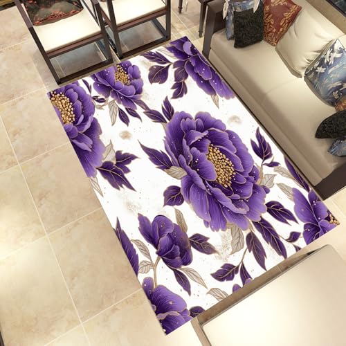 Lwznbio Lila Pfingstrosen Wohnzimmerteppich 200x280 cm Blumenmuster Teppich Kurzflor, Weich rutschfest Waschbare Teppiche Blumen Pflanze Eingangsteppich Fußmatte Schlafzimmer Kinderzimmer von Lwznbio