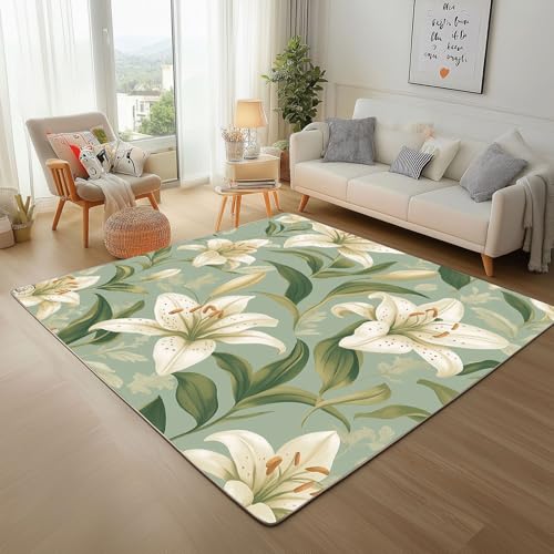 Lwznbio Lilie Blumen Teppich Wohnzimmer 200x290 cm Blumenmuster Carpet Kurzflor Blumenfeld Weich rutschfest Waschbare Teppiche, Für Bettvorleger Schlafzimmer Kinderzimmer von Lwznbio