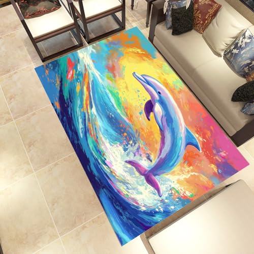 Lwznbio Malerei Delphin Wohnzimmerteppich 200x280 cm Meereslebewesen Teppich Kurzflor, Weich rutschfest Waschbare Teppiche Meer Wellen Eingangsteppich Fußmatte Schlafzimmer Kinderzimmer von Lwznbio