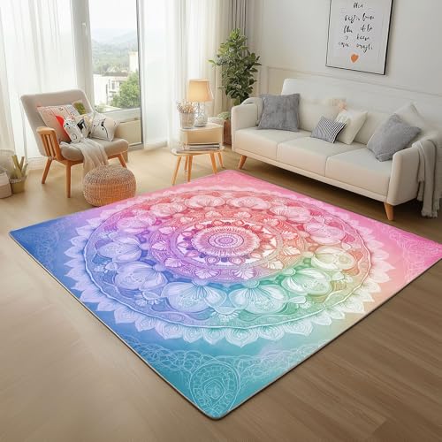 Lwznbio Mandala Blumen Wohnzimmerteppich 200x280 cm Regenbogen Blumenmuster Teppich Kurzflor, Weich rutschfest Waschbare Teppiche Boho Stil Eingangsteppich Fußmatte Schlafzimmer Kinderzimmer von Lwznbio