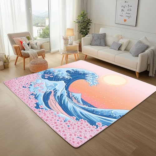 Lwznbio Meer Wellen Wohnzimmerteppich 200x280 cm Marine Thema Teppich Kurzflor, Weich rutschfest Waschbare Teppiche Japanisch Stil Eingangsteppich Fußmatte Schlafzimmer Kinderzimmer von Lwznbio