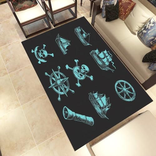 Lwznbio Meeresabenteuer Teppich 200x200 cm Nautisch Kompass Wohnzimmerteppich Waschbar rutschfest Kurzflor Weich Totenkopf Segelboot Teppiche Für Schlafzimmer, Esszimmer, Kinderzimmer von Lwznbio