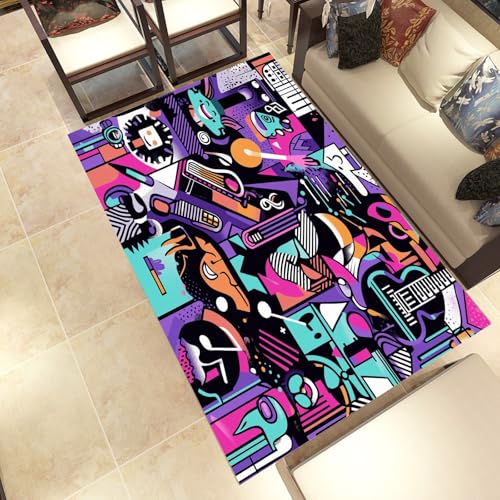 Lwznbio Musikliebhaber Wohnzimmerteppich 200x280 cm Rockmusik-Thema Teppich Kurzflor, Weich rutschfest Waschbare Teppiche Hippie Graffiti Eingangsteppich Fußmatte Schlafzimmer Kinderzimmer von Lwznbio