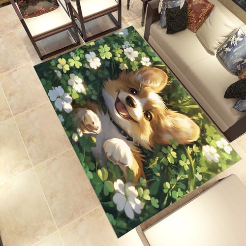 Lwznbio Niedlich Hund Wohnzimmerteppich 200x280 cm Vierblättriges Kleeblatt Teppich Kurzflor, Weich rutschfest Waschbare Teppiche Tierliebhaber Eingangsteppich Fußmatte Schlafzimmer Kinderzimmer von Lwznbio