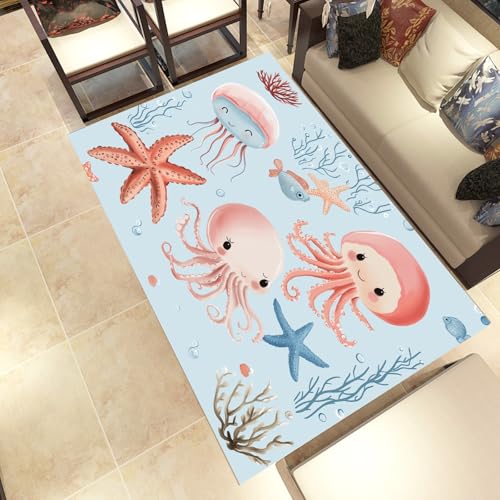 Lwznbio Oktopus Qualle Wohnzimmerteppich 200x280 cm Meereslebewesen Teppich Kurzflor, Weich rutschfest Waschbare Teppiche Seestern Algen Eingangsteppich Fußmatte Schlafzimmer Kinderzimmer von Lwznbio