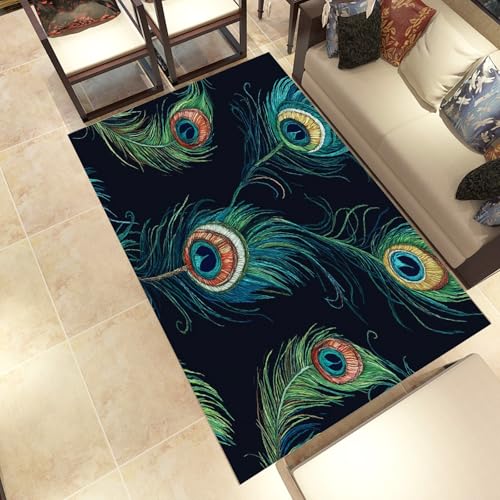 Lwznbio Pfauenfeder Wohnzimmerteppich 200x280 cm Wilde Tiere Teppich Kurzflor, Weich rutschfest Waschbare Teppiche Tier Feder Eingangsteppich Fußmatte Schlafzimmer Kinderzimmer von Lwznbio