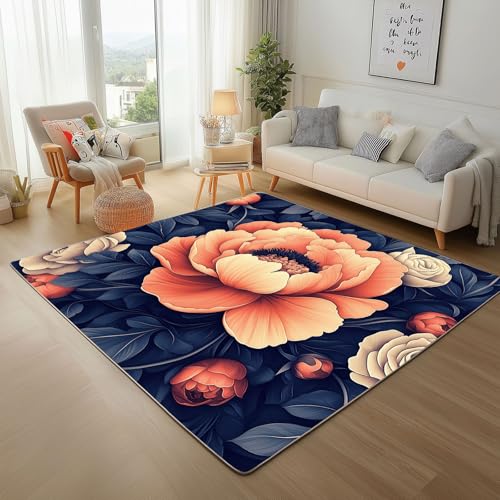 Lwznbio Pfingstrosen Teppich Wohnzimmer 200x290 cm Vintage Blumen Carpet Kurzflor Blumenmuster Weich rutschfest Waschbare Teppiche, Für Bettvorleger Schlafzimmer Kinderzimmer von Lwznbio