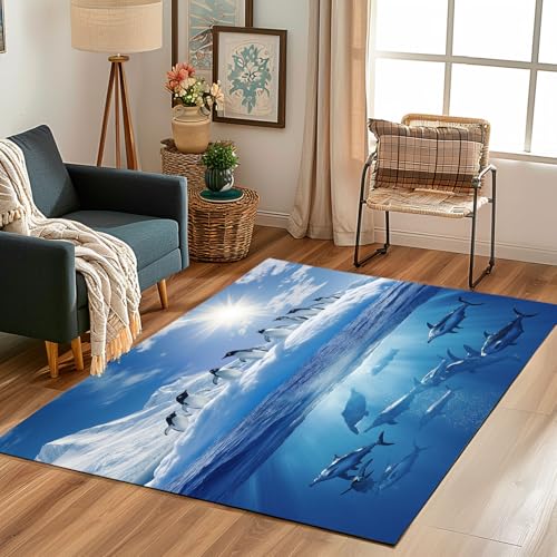 Lwznbio Pinguin Gletscher Teppich Läufer 80x150 cm Unterwasserwelt Kurzflor Carpet Antarktis Tier Teppiche rutschfest Waschbar Bettumrandung Schlafzimmer, Teppichläufer Für Küche, Flur von Lwznbio